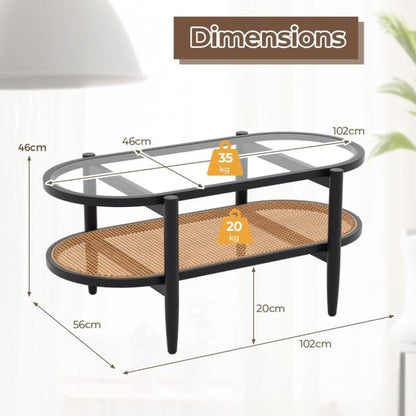2-Tier Coffee Table with Tempered Glass Tabletop and Acacia Wood Frame-Black
