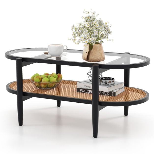 2-Tier Coffee Table with Tempered Glass Tabletop and Acacia Wood Frame-Black