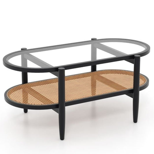 2-Tier Coffee Table with Tempered Glass Tabletop and Acacia Wood Frame-Black