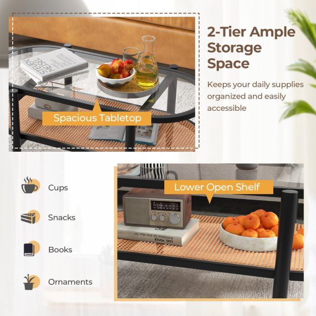 2-Tier Coffee Table with Tempered Glass Tabletop and Acacia Wood Frame-Black