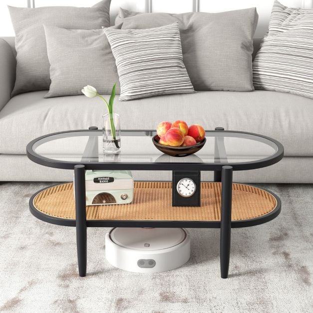2-Tier Coffee Table with Tempered Glass Tabletop and Acacia Wood Frame-Black