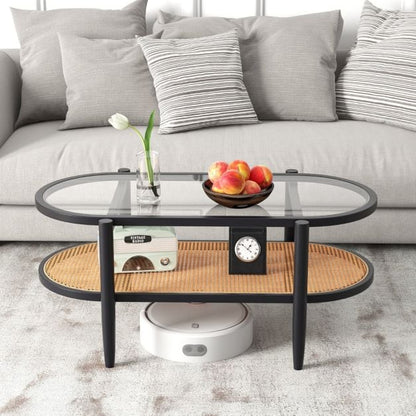 2-Tier Coffee Table with Tempered Glass Tabletop and Acacia Wood Frame-Black