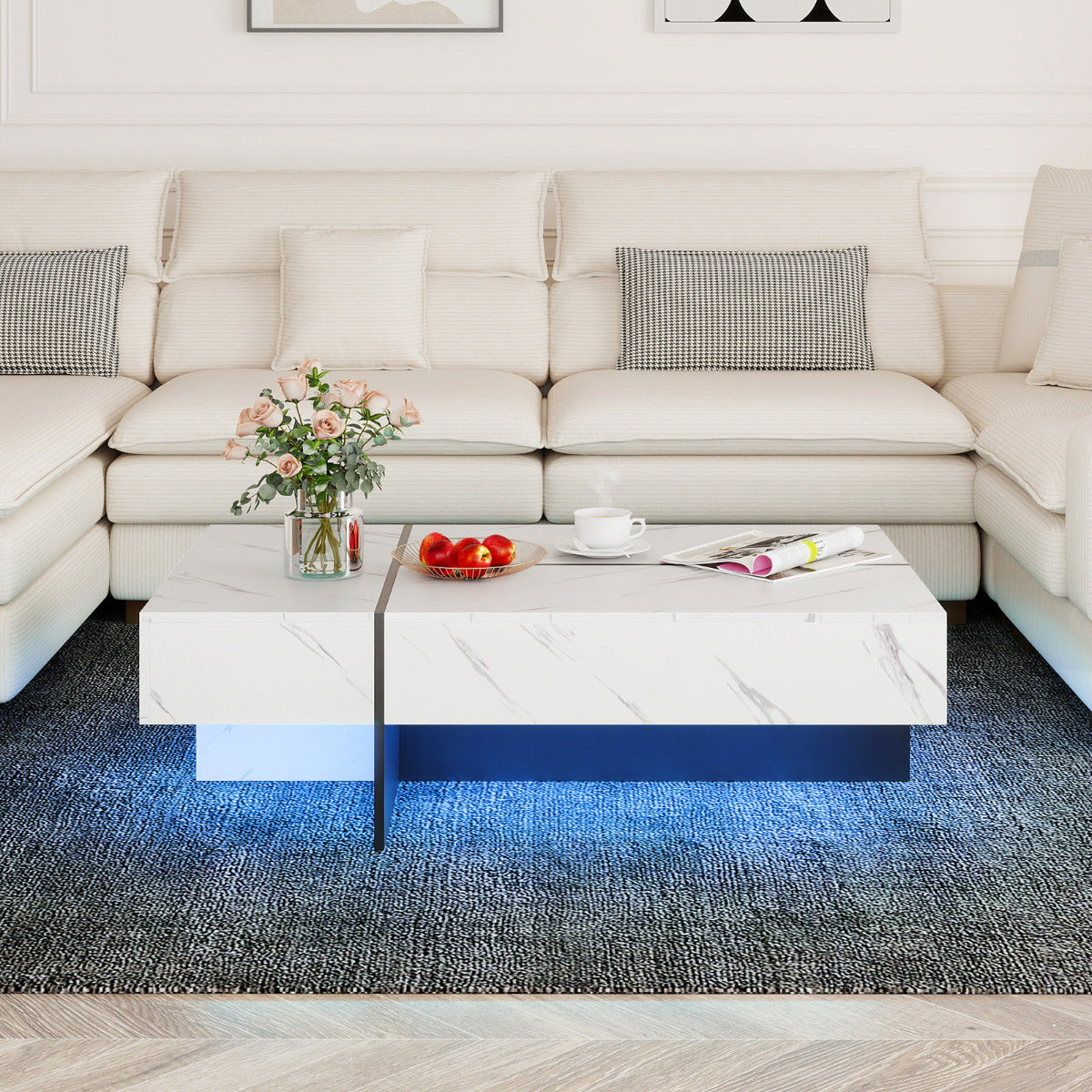 Coffee Table High-Gloss Accent Table with 3 Storage Drawers-White