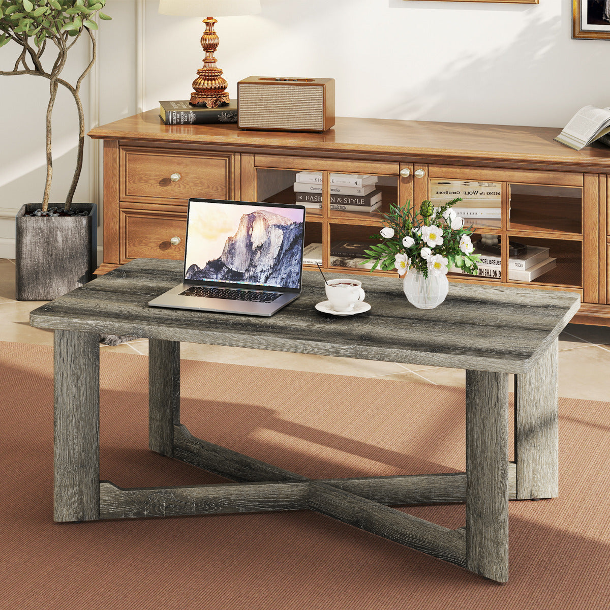 Coffee Table Rectangle Center Table with X-Shaped Base-Grey
