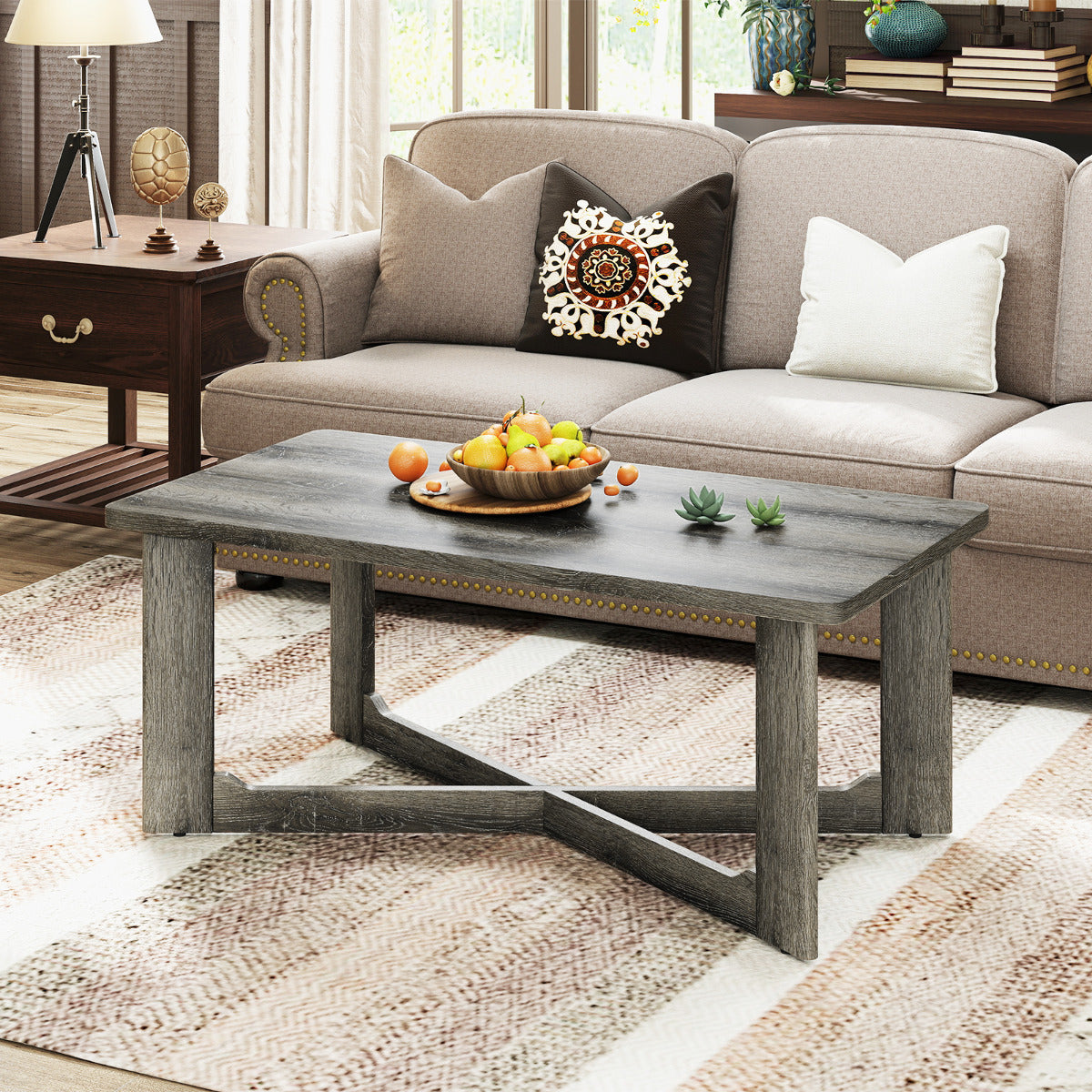 Coffee Table Rectangle Center Table with X-Shaped Base-Grey