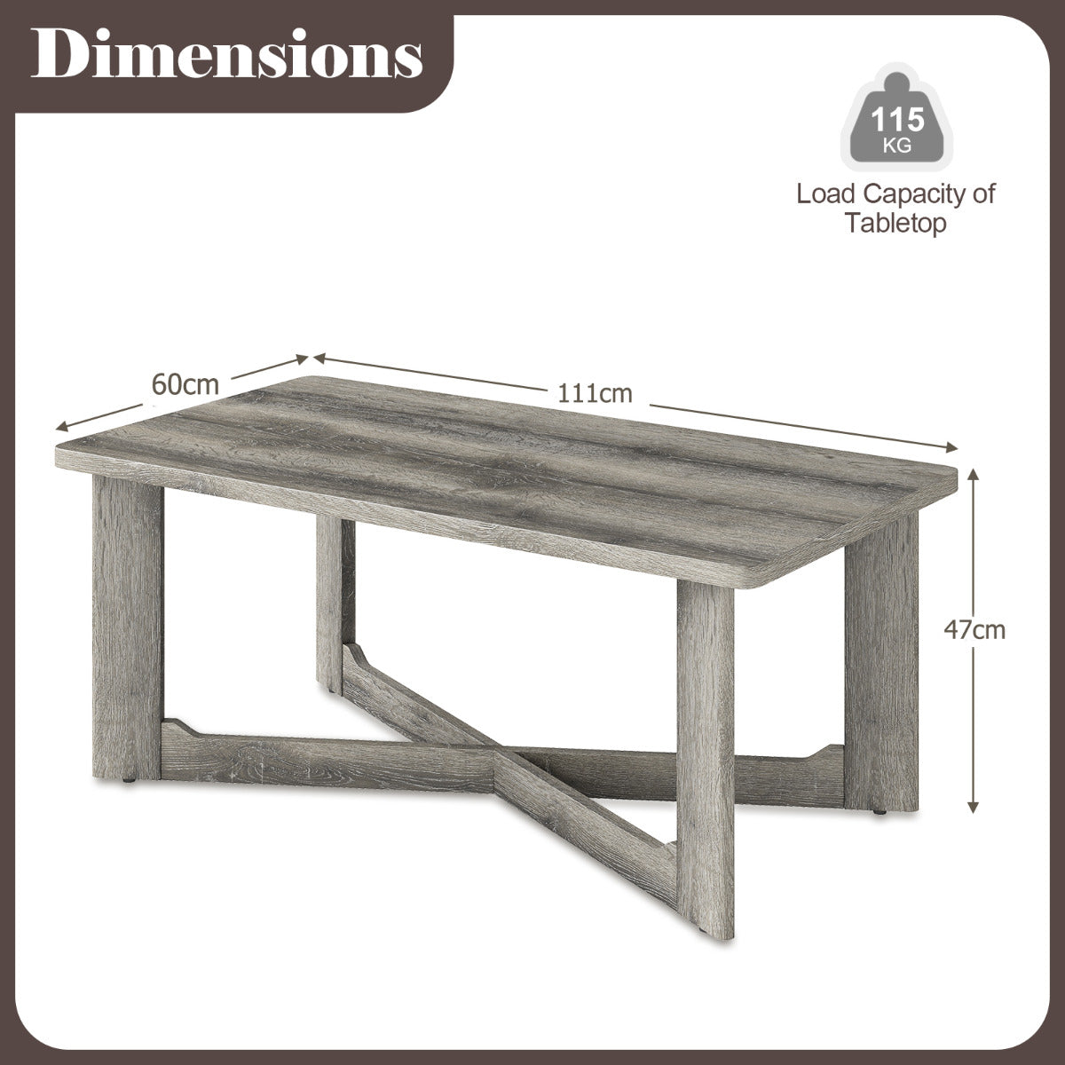 Coffee Table Rectangle Center Table with X-Shaped Base-Grey
