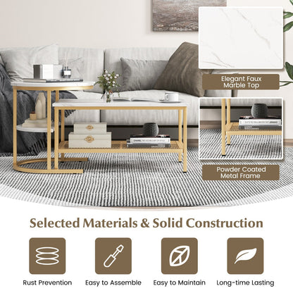 Set of 2 Nesting Coffee Table with Extra Storage Shelf for Living Room-Golden