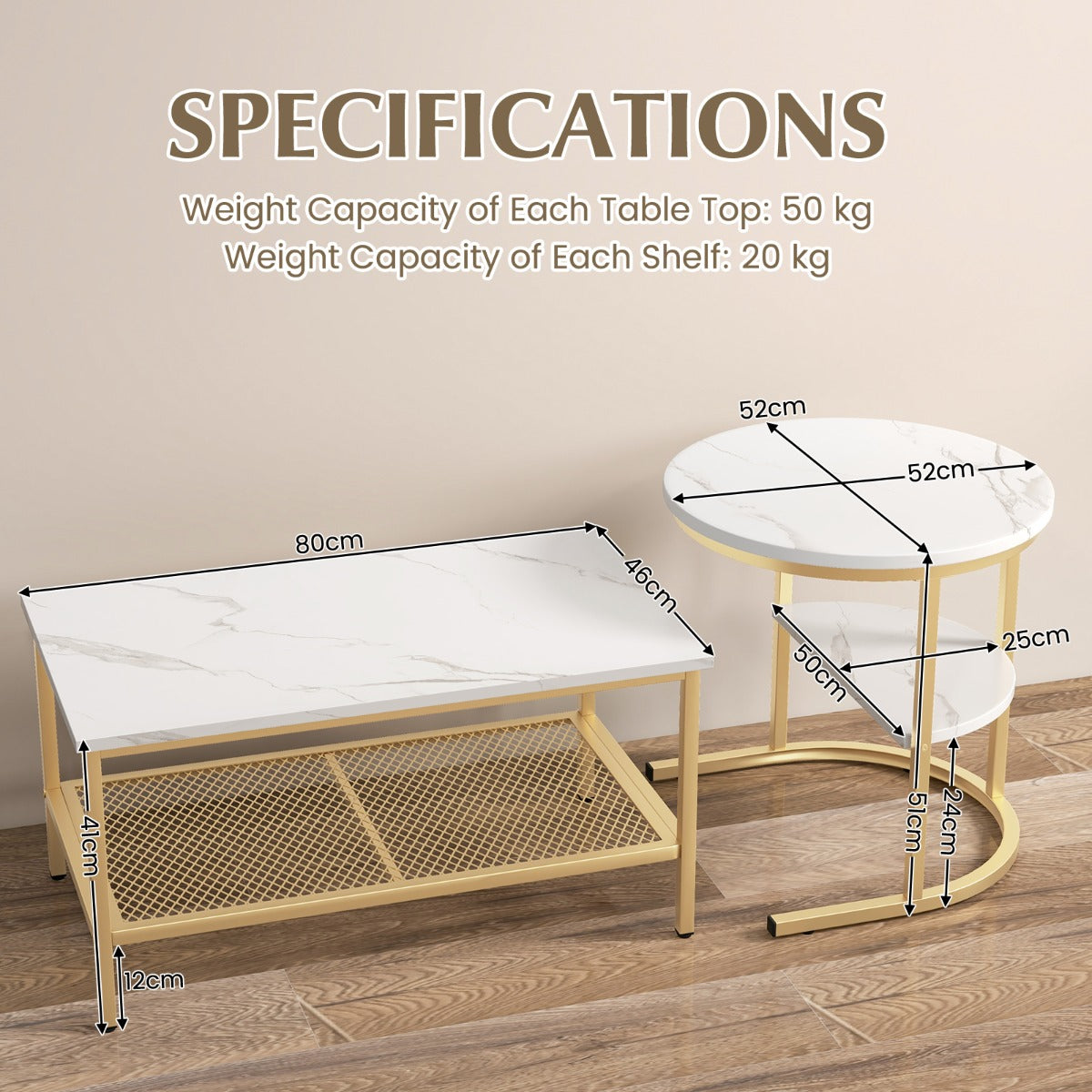 Set of 2 Nesting Coffee Table with Extra Storage Shelf for Living Room-Golden