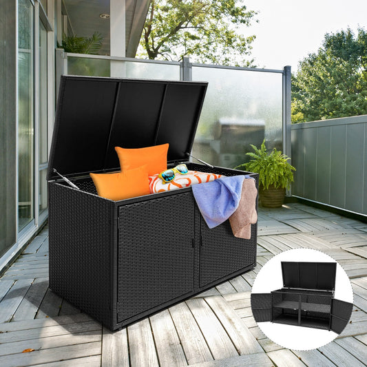 330L 2-Tier Outdoor PE Wicker Storage Box with Lid and Front Doors-Black