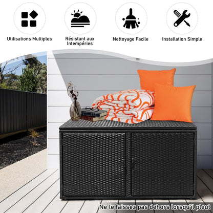 330L 2-Tier Outdoor PE Wicker Storage Box with Lid and Front Doors-Black