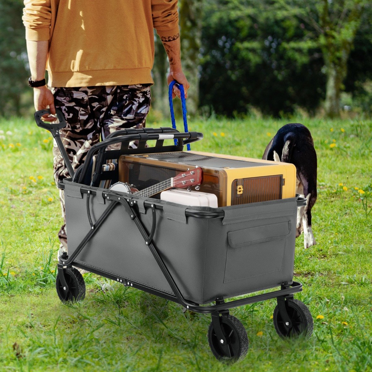 Collapsible Foldable Wagon Cart with Adjustable Handlebar-Grey