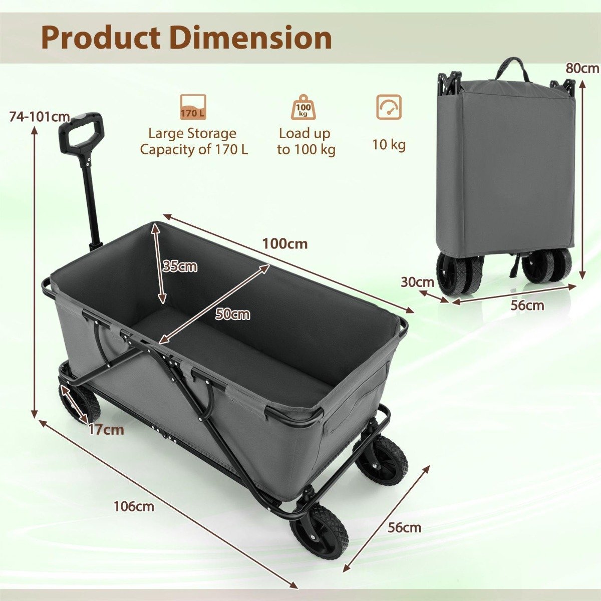 Collapsible Foldable Wagon Cart with Adjustable Handlebar-Grey