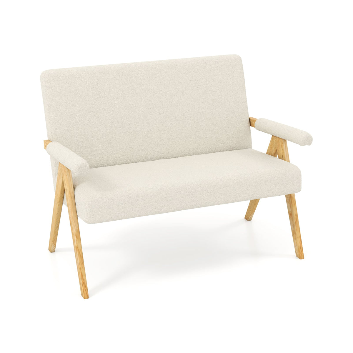 Comfy Upholstered Sherpa Couch with Armrests and Wooden Legs-Beige