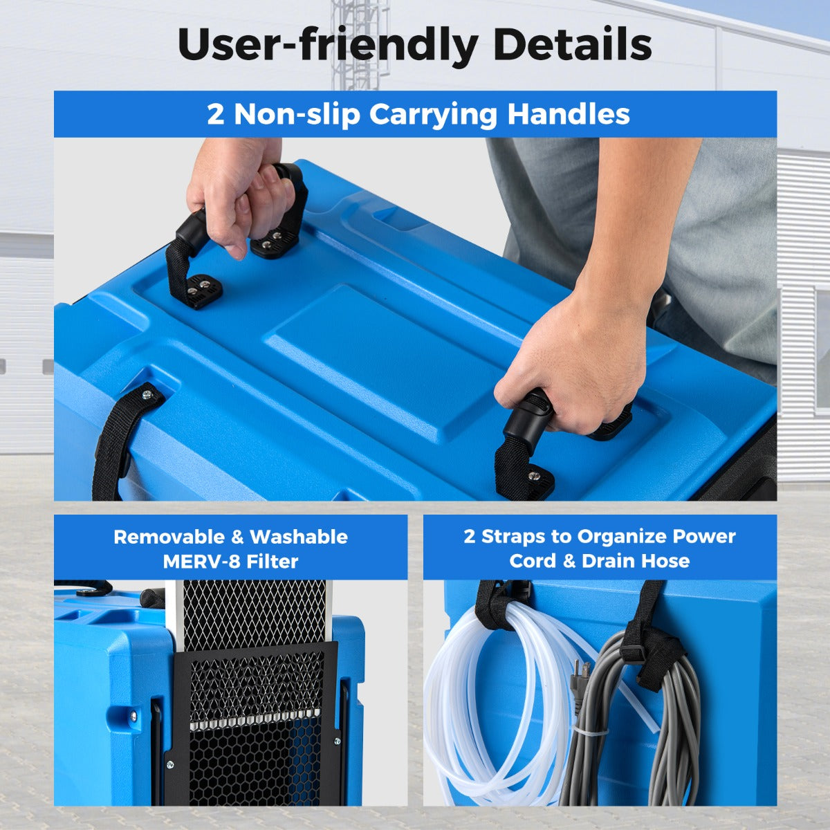 90L/Day Commercial Dehumidifier with Pump and 2 Wheels-Blue