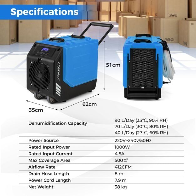 90L/Day Commercial Dehumidifier with Pump and 2 Wheels-Blue