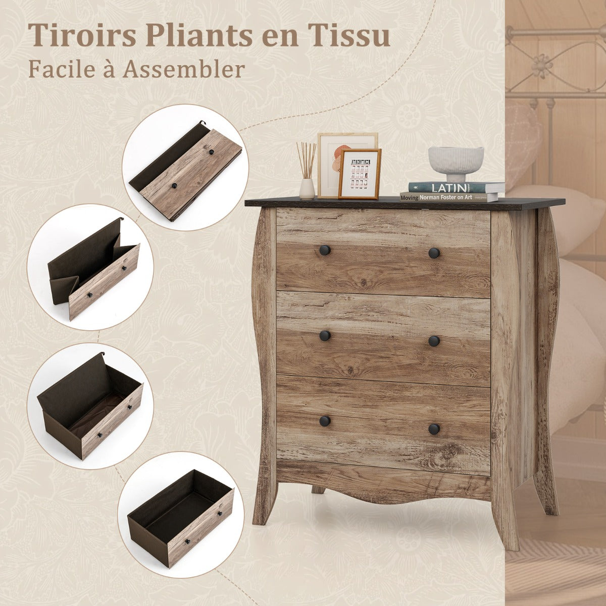 Closet Storage Organizer with 3 Folding Fabric Drawers and Anti-tipping Kit-Brown