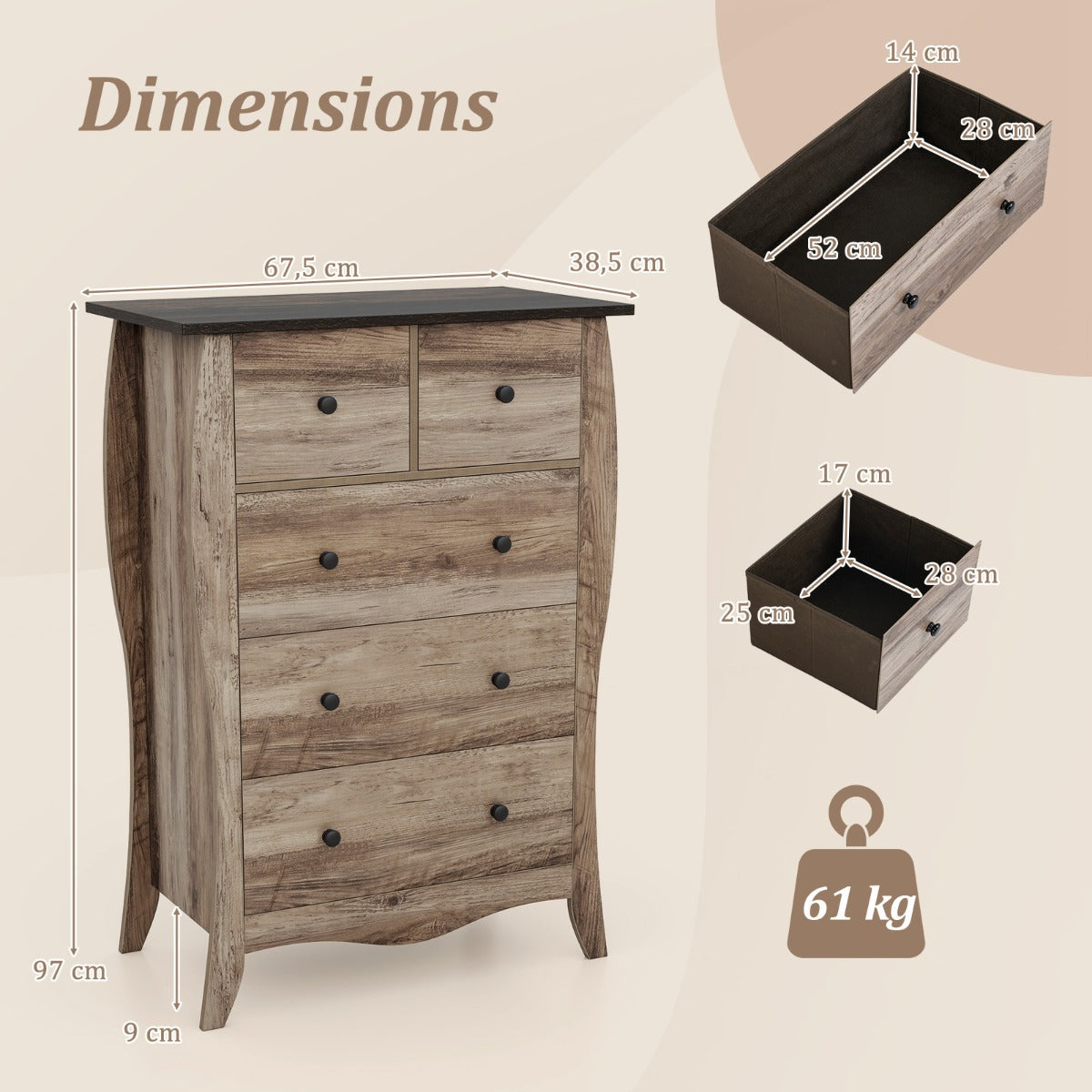Farmhouse Chest of Drawers with 5 Folding Fabric Drawers and Anti-tipping Kit-Brown