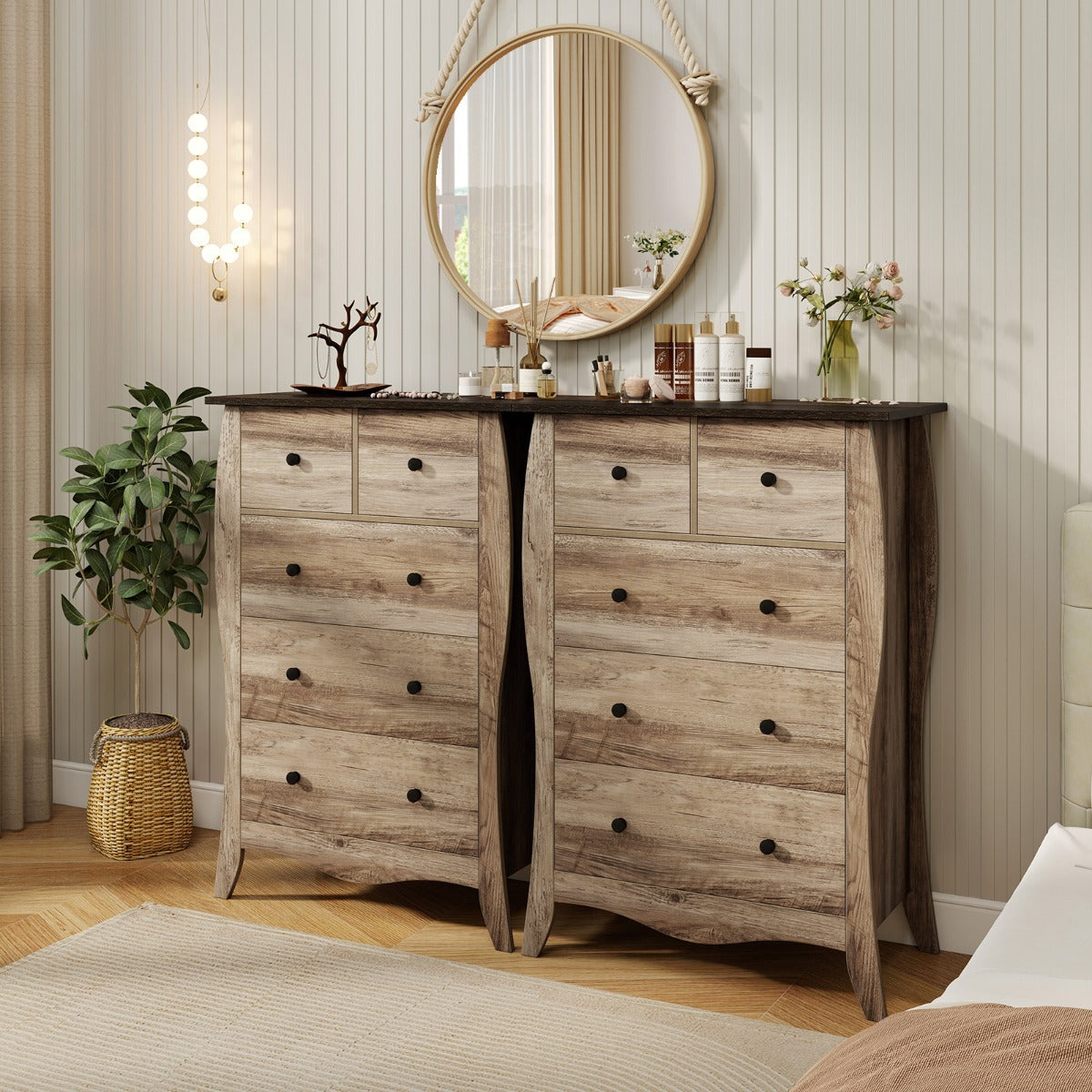 Farmhouse Chest of Drawers with 5 Folding Fabric Drawers and Anti-tipping Kit-Brown