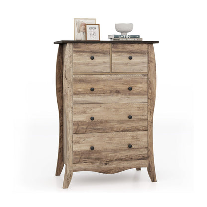 Farmhouse Chest of Drawers with 5 Folding Fabric Drawers and Anti-tipping Kit-Brown