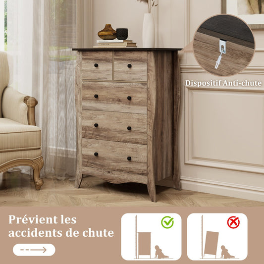 Farmhouse Chest of Drawers with 5 Folding Fabric Drawers and Anti-tipping Kit-Brown