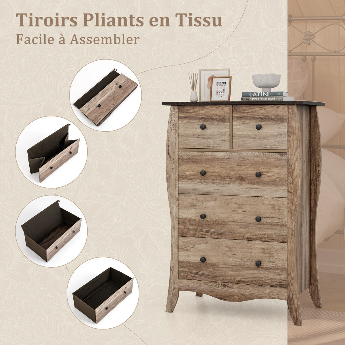 Farmhouse Chest of Drawers with 5 Folding Fabric Drawers and Anti-tipping Kit-Brown