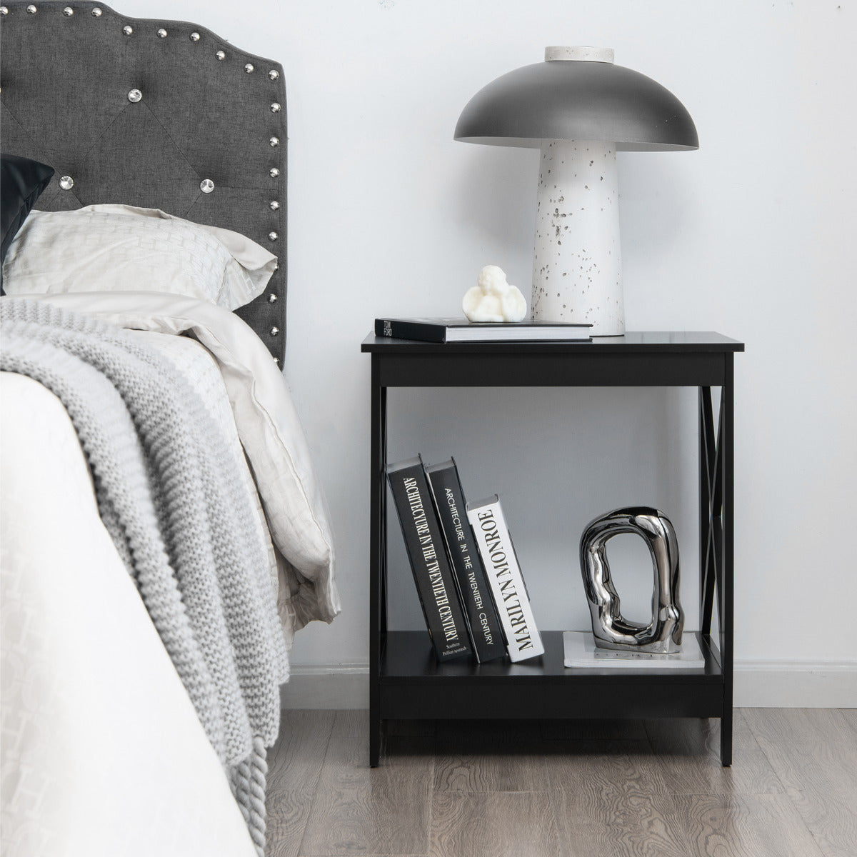 Compact Nightstand with X-shape Design and 4 Solid Legs-Black