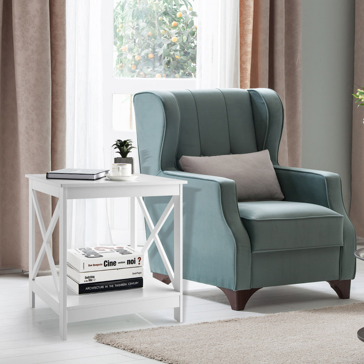 Compact Nightstand with X-shape Design and 4 Solid Legs-White