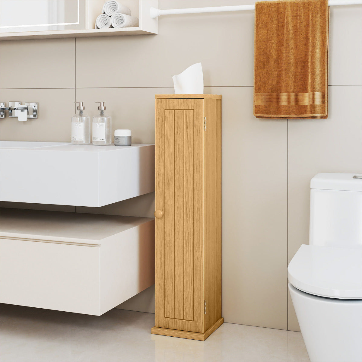 Compact Toilet Tissue Storage Tower Free Standing Toilet Paper Storage Holder-Natural