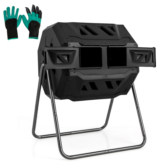 Compost Bin 160L Dual Chamber Composting Tumbler with Sliding Doors-Black