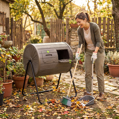 142  Large Outdoor Compost Tumbler with Dual Chambers-Coffee