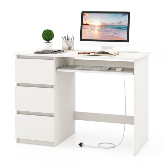 Computer Desk with 3 Large Drawers and Power Outlet in White