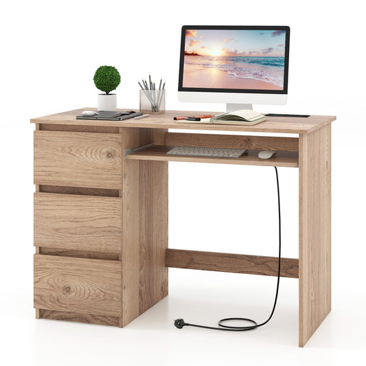 Computer Desk with Power Outlet and 3 Large Drawers in Natural