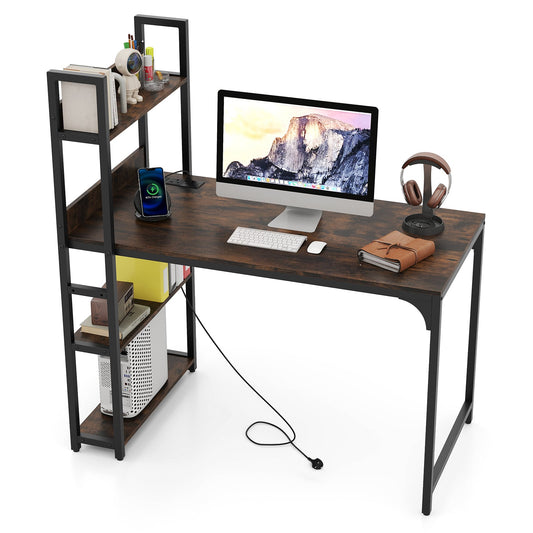 Computer Desk with Power Strip 120 CM Study Writing Desk with Bookshelf-Rustic Brown