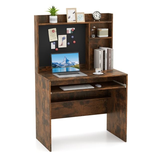 Computer Desk with Magnetic Bulletin Board and Keyboard Tray-Rustic Brown