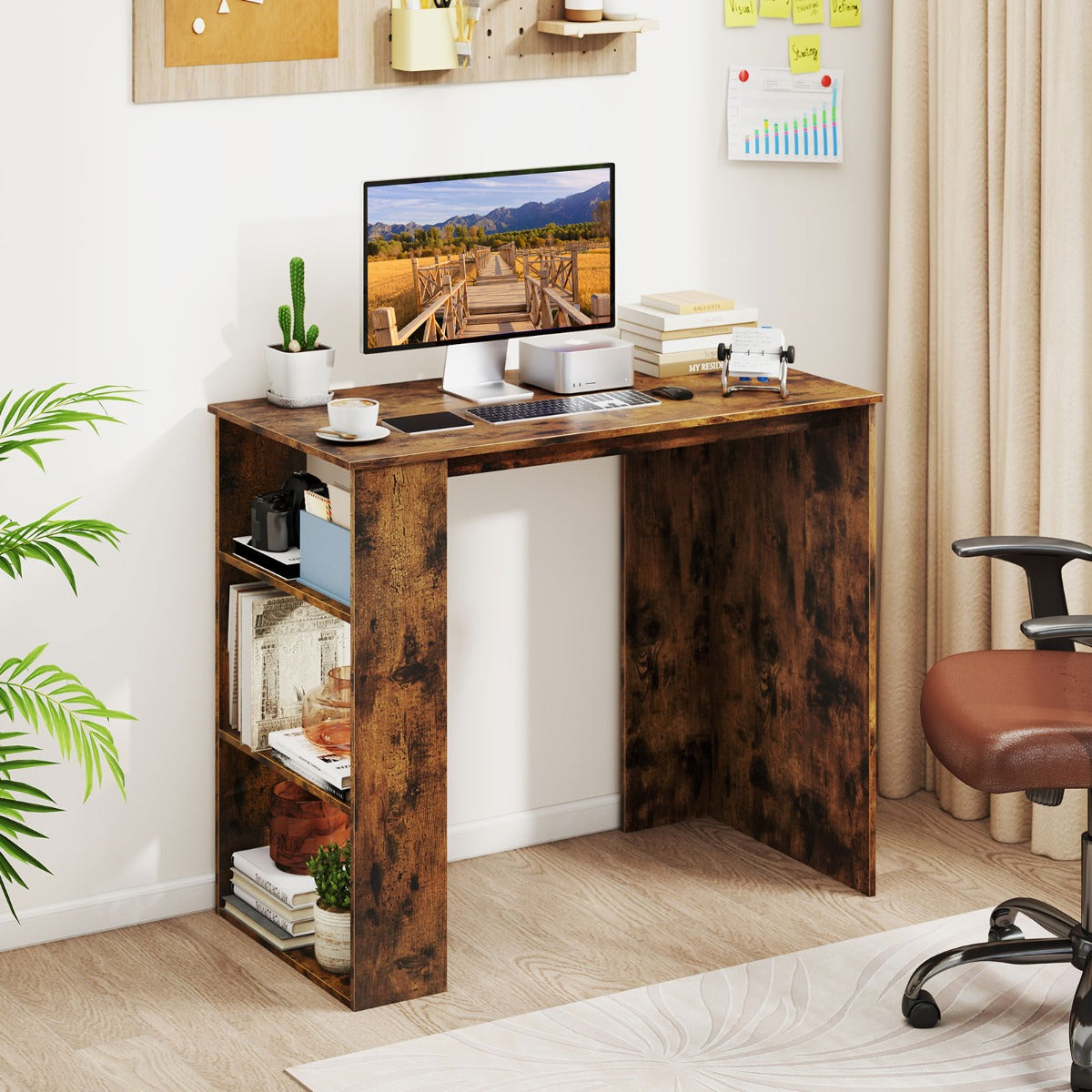 Computer Desk with Bookshelf for Study Living Room-Rustic Brown