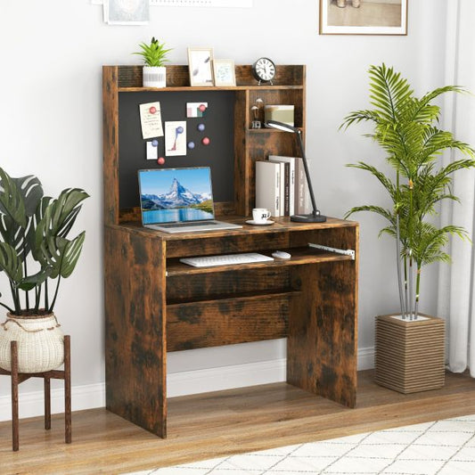 Computer Desk with Magnetic Bulletin Board and Keyboard Tray-Rustic Brown