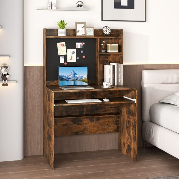 Computer Desk with Magnetic Bulletin Board and Keyboard Tray-Rustic Brown