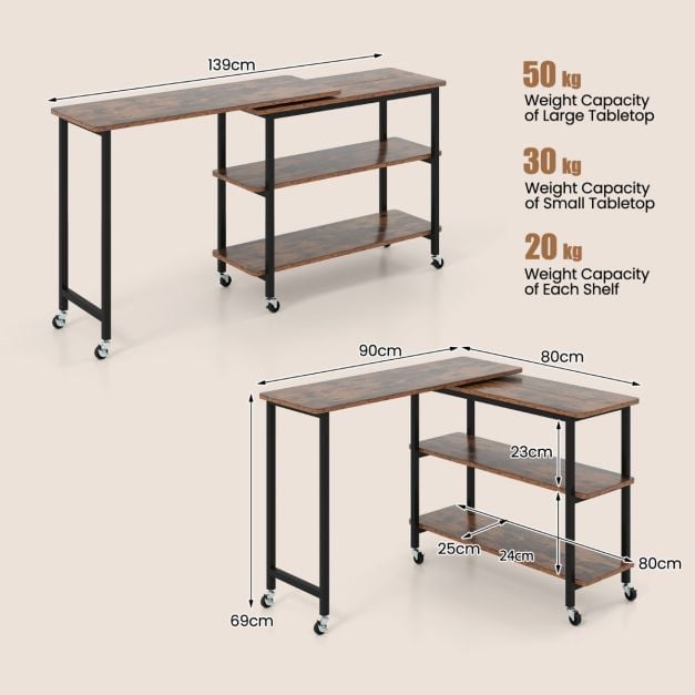 360° Free Rotating Sofa Side Table with Swivel and Sliding Tabletop-Rustic Brown