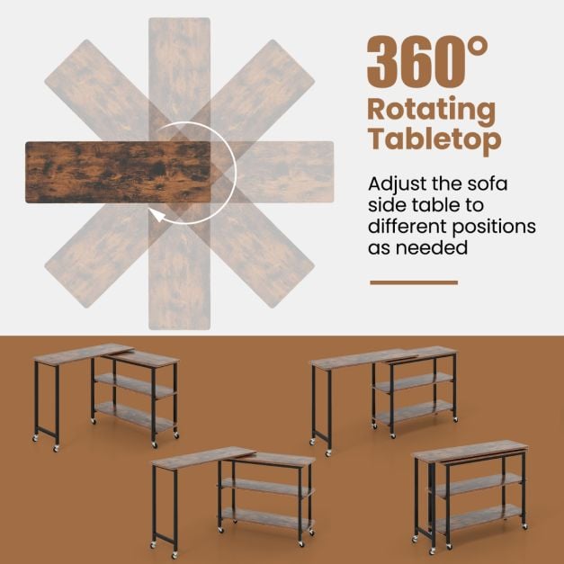 360° Free Rotating Sofa Side Table with Swivel and Sliding Tabletop-Rustic Brown