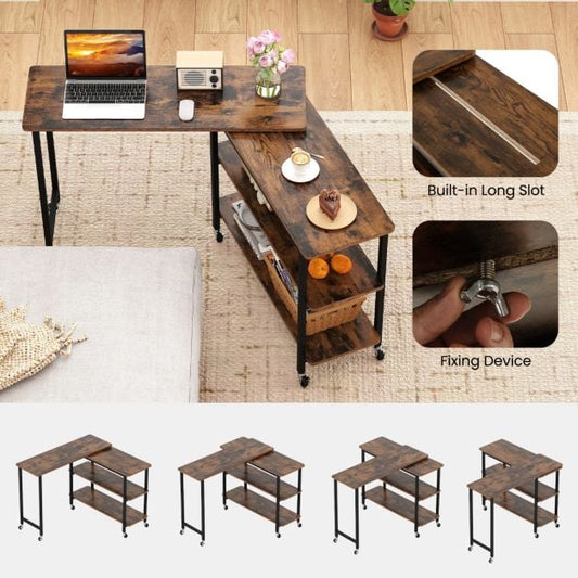 360° Free Rotating Sofa Side Table with Swivel and Sliding Tabletop-Rustic Brown