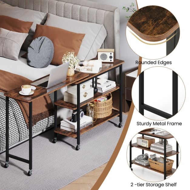 360° Free Rotating Sofa Side Table with Swivel and Sliding Tabletop-Rustic Brown