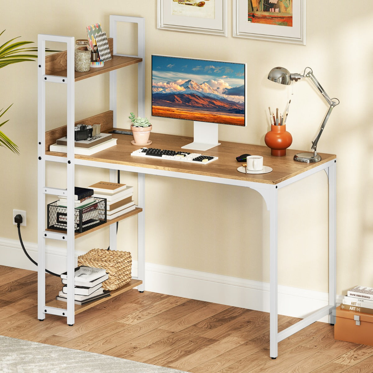 Computer Desk with Power Strip 120 CM Study Writing Desk with Bookshelf-Natural