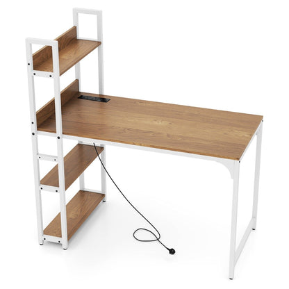 Computer Desk with Power Strip 120 CM Study Writing Desk with Bookshelf-Natural