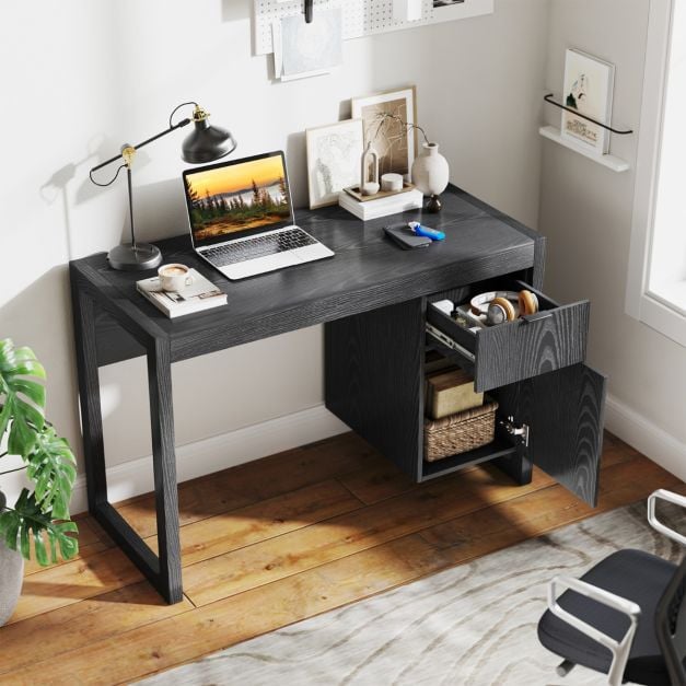 Modern Computer Desk Writing Workstation with Cabinet and Drawer-Black