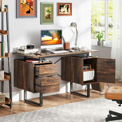 Computer Desk with Floating Desktop and Dual Drawers-Rustic Brown