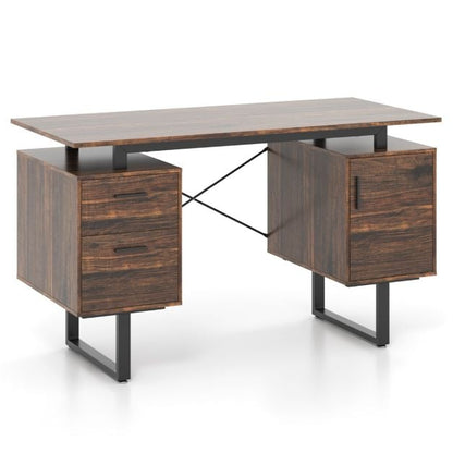 Computer Desk with Floating Desktop and Dual Drawers-Rustic Brown