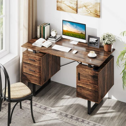 Computer Desk with Floating Desktop and Dual Drawers-Rustic Brown