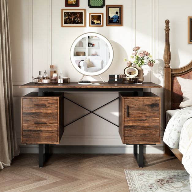 Computer Desk with Floating Desktop and Dual Drawers-Rustic Brown