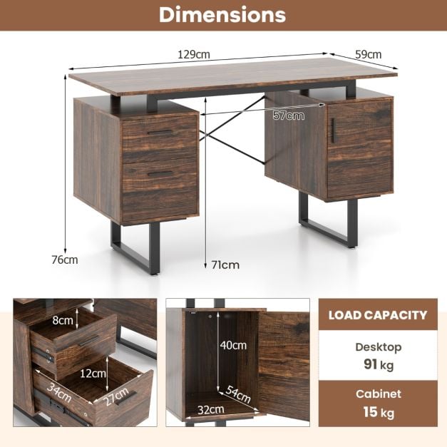 Computer Desk with Floating Desktop and Dual Drawers-Rustic Brown