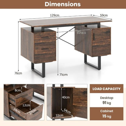 Computer Desk with Floating Desktop and Dual Drawers-Rustic Brown